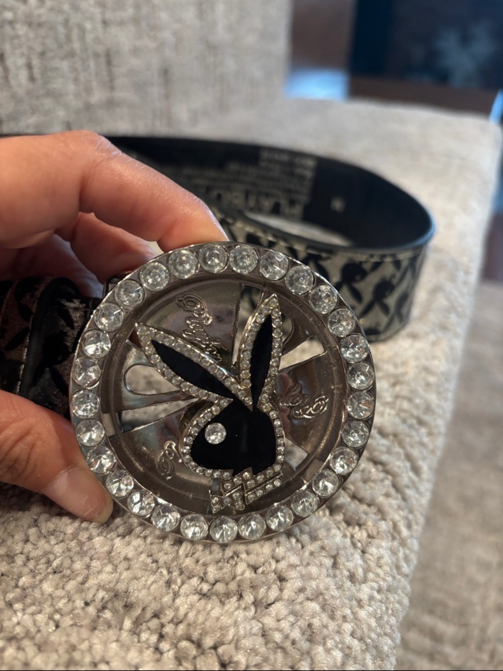 PLAYBOY Black & Silver Bunny Print Crystal Buckle spinner belt size M